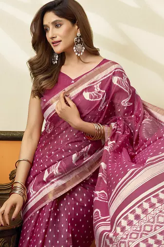 Onion pink cotton blend printed saree with contrast border