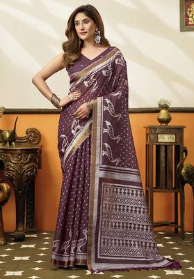 Wine cotton blend printed saree with contrast border 1