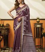 Wine cotton blend printed saree with contrast border