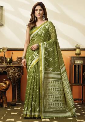 Mehendi green cotton blend printed saree with contrast border 1