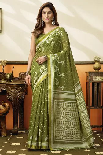 Mehendi green cotton blend printed saree with contrast border