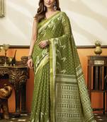 Mehendi green cotton blend printed saree with contrast border