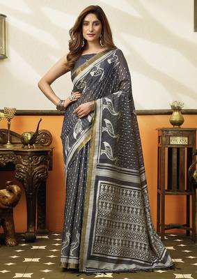 Grey cotton blend printed saree with contrast border 1