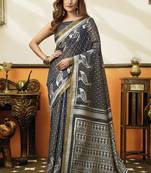 Grey cotton blend printed saree with contrast border