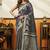 Grey cotton blend printed saree with contrast border