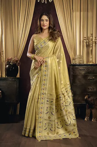 Golden yellow silk blend saree with paithani weaving border