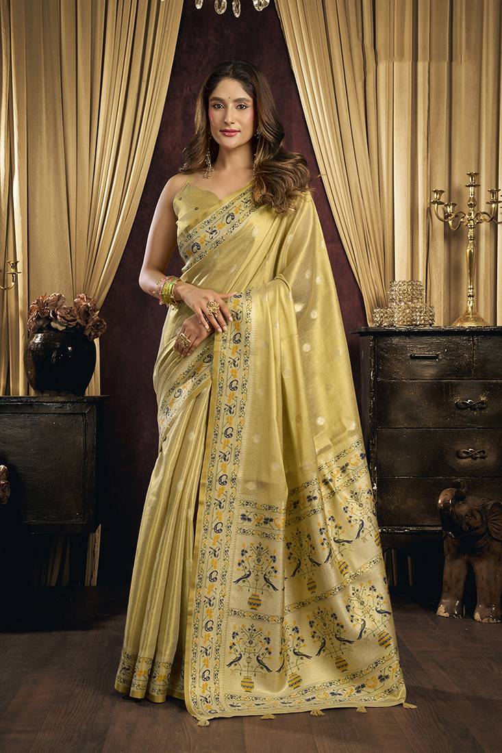 Golden yellow silk blend saree with paithani weaving border
