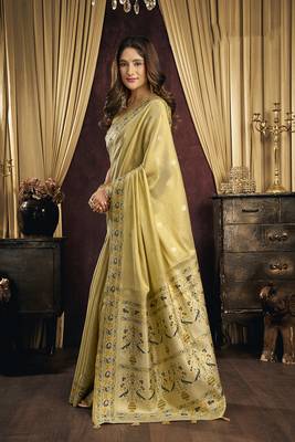 Golden yellow silk blend saree with paithani weaving border 2