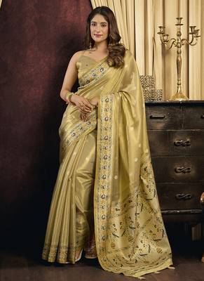 Golden yellow silk blend saree with paithani weaving border 3