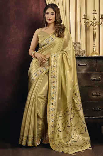 Golden yellow silk blend saree with paithani weaving border