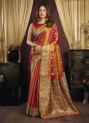 Red & gold silk blend saree with paithani weaving border 1
