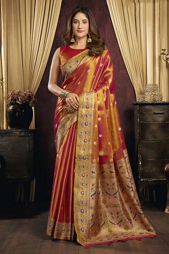 Red & gold silk blend saree with paithani weaving border