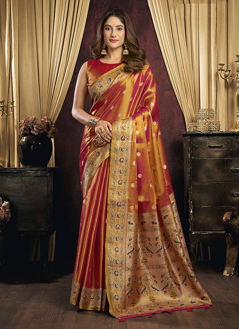 Red & gold silk blend saree with paithani weaving border