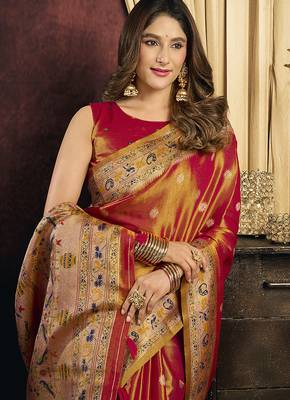 Red & gold silk blend saree with paithani weaving border 2