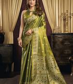 Mehendi green & gold silk blend saree with paithani weaving border