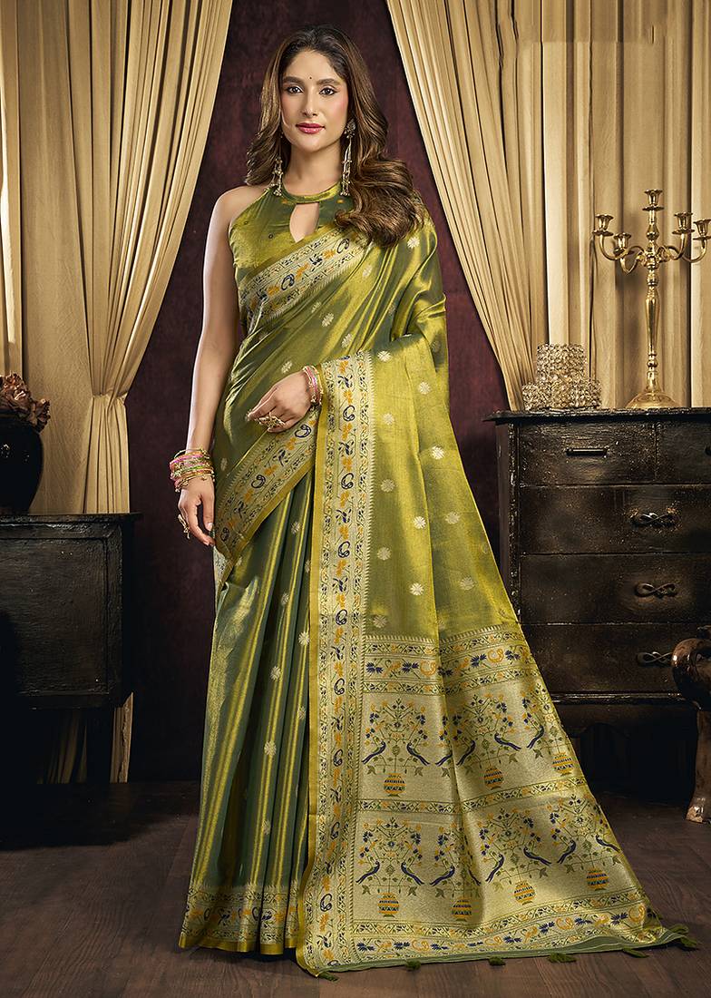 Mehendi green & gold silk blend saree with paithani weaving border