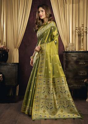 Mehendi green & gold silk blend saree with paithani weaving border 2