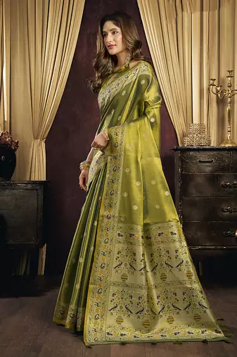Mehendi green & gold silk blend saree with paithani weaving border