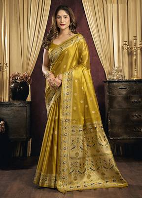 Mustard gold silk blend saree with paithani weaving border 1