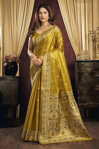 Mustard gold silk blend saree with paithani weaving border