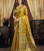 Mustard gold silk blend saree with paithani weaving border