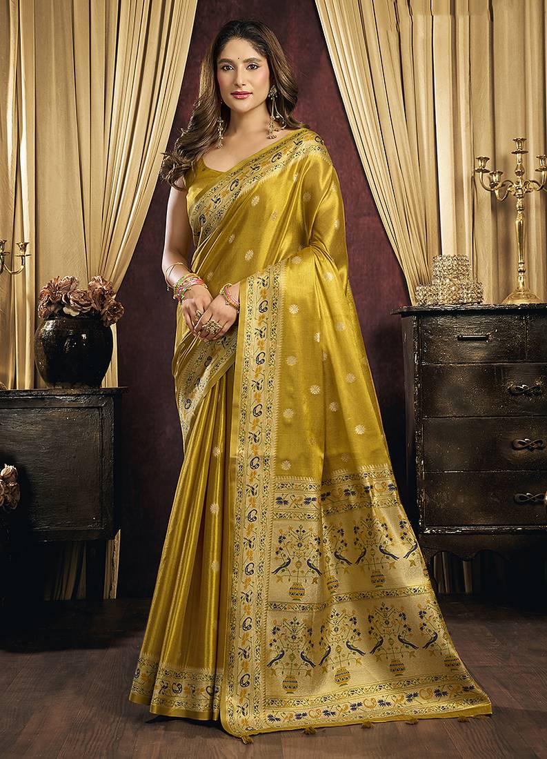 Mustard gold silk blend saree with paithani weaving border