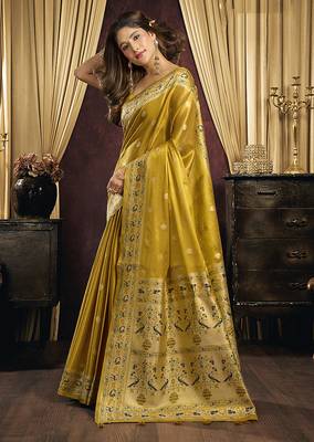 Mustard gold silk blend saree with paithani weaving border 2
