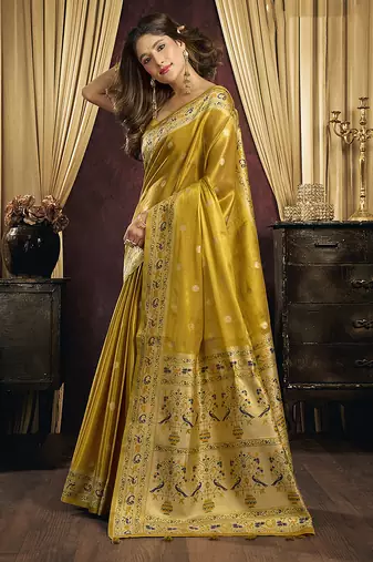 Mustard gold silk blend saree with paithani weaving border