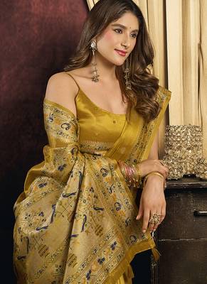 Mustard gold silk blend saree with paithani weaving border 3
