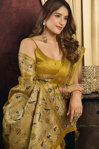 Mustard gold silk blend saree with paithani weaving border