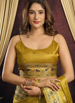 Mustard gold silk blend saree with paithani weaving border 4