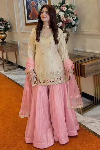 Cream Color Embroidery And Sequence Work Silk Blend Salwar Suit