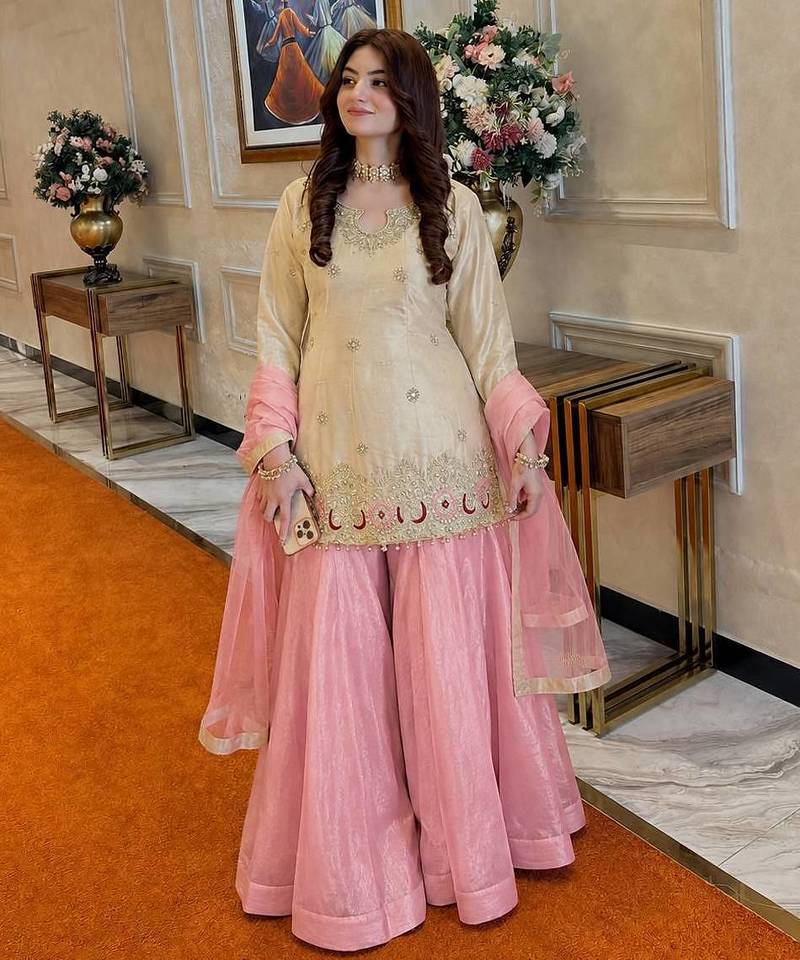 Cream Color Embroidery And Sequence Work Silk Blend Salwar Suit