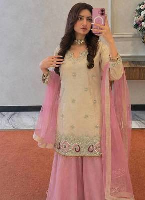 Cream Color Embroidery And Sequence Work Silk Blend Salwar Suit 2