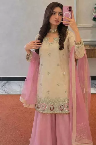 Cream Color Embroidery And Sequence Work Silk Blend Salwar Suit