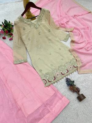 Cream Color Embroidery And Sequence Work Silk Blend Salwar Suit 3