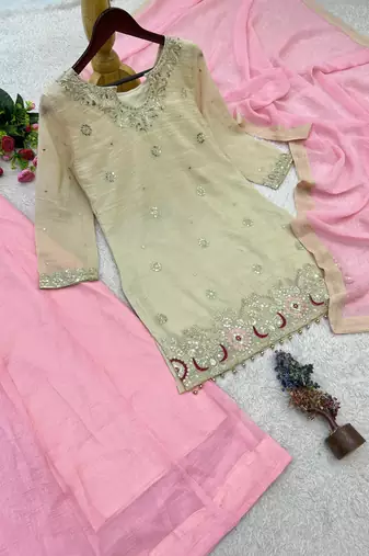 Cream Color Embroidery And Sequence Work Silk Blend Salwar Suit