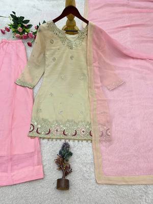 Cream Color Embroidery And Sequence Work Silk Blend Salwar Suit 5