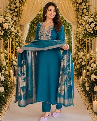 BLUE EMBRODEIRY WORK WITH COTTON BLEND PLUS SIZE KURTI PANT DUPATTA 1