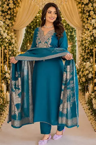 BLUE EMBRODEIRY WORK WITH COTTON BLEND PLUS SIZE KURTI PANT DUPATTA