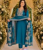 BLUE EMBRODEIRY WORK WITH COTTON BLEND PLUS SIZE KURTI PANT DUPATTA