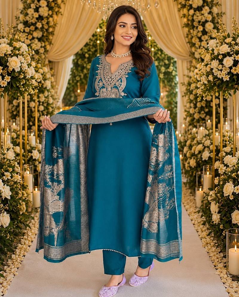 BLUE EMBRODEIRY WORK WITH COTTON BLEND PLUS SIZE KURTI PANT DUPATTA