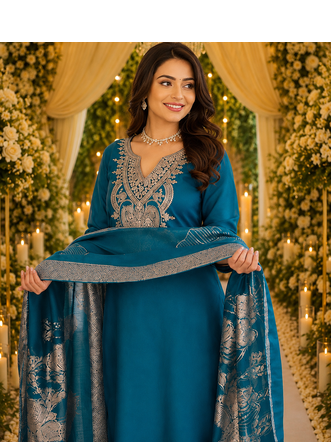 BLUE EMBRODEIRY WORK WITH COTTON BLEND PLUS SIZE KURTI PANT DUPATTA 2
