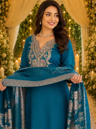 BLUE EMBRODEIRY WORK WITH COTTON BLEND PLUS SIZE KURTI PANT DUPATTA