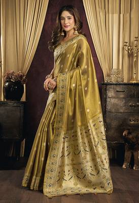 Olive gold silk blend saree with paithani weaving border 2