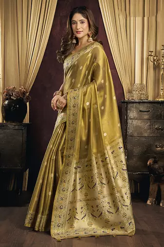 Olive gold silk blend saree with paithani weaving border