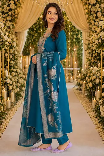 BLUE EMBRODEIRY WORK WITH COTTON BLEND PLUS SIZE KURTI PANT DUPATTA