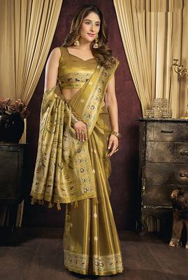 Olive gold silk blend saree with paithani weaving border 3