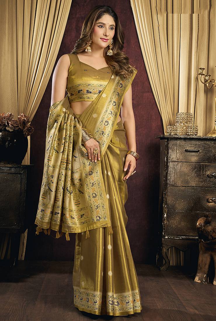 Olive gold silk blend saree with paithani weaving border