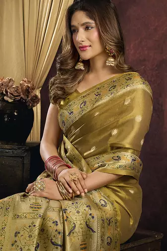Olive gold silk blend saree with paithani weaving border